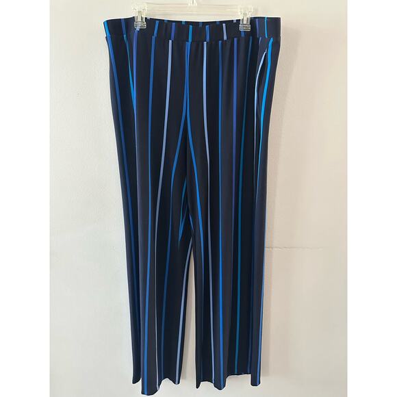 Susan Graver Pants Women's XL Black Blue Striped Liquid Knit Wide Leg Stretch - Picture 1 of 6